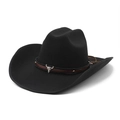 Classic black felt cowboy hat with leather band and metal bull skull ornament - M(56-59CM) / Black