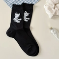 Japanese style black calf socks featuring white cat embroidery and ruffled edge trim - One Size / Black