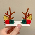 Cute Christmas reindeer antler hair clips with brown felt and colorful plush balls - 34# Brown Antler Red Green Fur Ball Pair