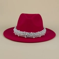 Cappello fedora in lana rosso scuro a tesa larga con elegante fascia di perle - M (56-58cm) / Rosso
