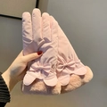 Pink winter thermal suede gloves with silk bow and plush trim for women - One Size / Pink Bow Rabbit Ears