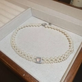 Double-layered white pearl necklace with square pendant in a beige display box - 11 Necklace-White-Blue