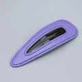 Minimalist lavender PU leather BB hair clip with detailed stitching on a metallic base - Purple Water Drop
