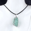 Irregular green raw gemstone pendant necklace with silver edge and black cord - Fluorite (Silver)