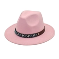 Vue détaillée du chapeau Fedora rose en laine avec ruban perlé ethnique et large bord - M (56-58cm) / Rose