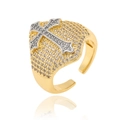Adjustable two-tone ring in gold and silver with a cross design paved with zircon stones - J1571-Gold Silver Two-tone Cross Ring