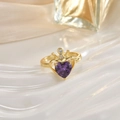 Close-up of golden crown ring with purple heart-shaped stone and micro-inlaid zircons - Purple Heart Crown Style (JZ0136A)