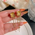 Elegant gold vintage stud earrings with square frame, pearls, and long chain tassels - Pearl Metal Tassel