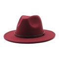 Detail of burgundy wool fedora hat featuring a brown leather decorative band and wide brim - M (56-58cm) / Burgundy