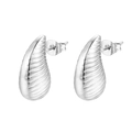 Polished silver stainless steel teardrop earrings with textured hammered finish on white background - Striped Drop Earrings Steel (MS-411)