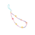Detail of colorful beads with yellow and pink flower smiley charms on a phone lanyard - Multicolor Seed Bead Smile Flower