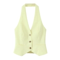Women's pale yellow halter vest and wide-leg trousers set with button detail - XS / Tops