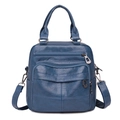 Navy blue soft PU leather backpack with multiple zipper pockets and silver metal hardware - Light Blue