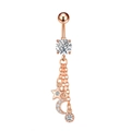 Rose gold belly ring featuring moon and star pendants with sparkling zircon stones - 2753 Rose Gold Star Moon Tassel