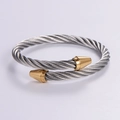 Brazalete de cable de acero inoxidable bicolor con hilo plateado y puntas cónicas doradas - Bicolor Oro Plata