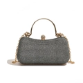 Elegant silver glitter evening clutch with gold metal handle and rhinestone sphere lock - Gray