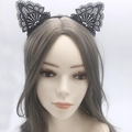 Elegant black lace cat ear headband featuring intricate floral hollow-out patterns - Black Headband