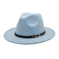 Detail of light blue wool fedora featuring black leather band and gold horsebit buckle - M (56-58cm) / Sky Blue