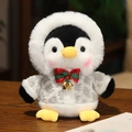 Pinguin Kuscheltier mit grauem Kapuzenmantel, roter Karoschleife und goldenen Glocken - Silbernes Rautemuster