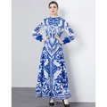 Geplooide maxi-jurk met blauw-wit porseleinprint en lange mouwen voor dames - Eén maat / Blauw