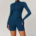 Ensemble de yoga sans couture bleu sarcelle avec veste à fermeture éclair et short taille haute - S / Haut Et Bas / Ensemble 2 Pièces (Veste+Short) / Bleu