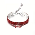 Three-row red rhinestone pet collar with bone pendant and adjustable silver chain - S / Bone Red