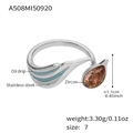 Silver stainless steel open ring featuring blue oil drip and orange zircon teardrop detail - US 7 / Steel Enamel Champagne Zircon (A508)