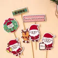 Christmas cake toppers set featuring Santa, reindeer and Merry Christmas labels - 10 Sets / Santa Holding Sign Topper Kit