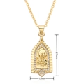 Detail view showing a gold religious pendant with Virgin Mary relief and white zircons - Gold Large Arch Virgin Mary (c016)