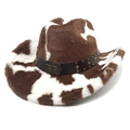 Detail of cow print western hat with vintage bull head buckle and stud accents - M (56-58cm) / Flat Top (Cow Print) / Coffee
