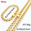 Golden 9.5mm Figaro chain jewelry set with necklace and bracelet in stainless steel - Style C (Push Button Clasp) / 9.5mm Width / 21cm Bracelet + 45cm Necklace / Gold