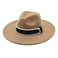 Detail of khaki wool felt fedora with black ribbon band and elegant pearl embellishments - M (56-58cm) / Deep Purple Grey