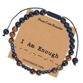 Detail of Morse code beaded bracelet with brown tiger eye and matte black stones - I Am Enough