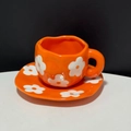 Irregular handmade ceramic coffee cup and saucer set with orange flower pattern - 250ML / Orange Floral