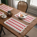 Linen table runner with red heart embroidery and rustic fringe for wedding decor - Red Heart