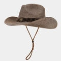 Detailed close-up of brown woven cowboy hat with a star badge and adjustable wind cord - Coffee