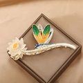 Golden hair claw clip with cream lotus and colorful dragonfly enamel design - White Dragonfly Lotus-YZAP45-4