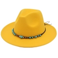 Detailed close-up of yellow felt fedora hat with turquoise beads and golden ornaments band - M (56-58cm) / Yellow
