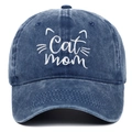 Berretto da baseball vintage blu scuro lavato con ricamo Cat Mom e design a orecchie di gatto - Blu navy