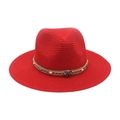 Red woven sun hat with decorative colorful beaded band and wide flat brim for women - Red