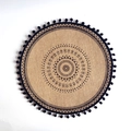 Bohemian round jute placemat with black mandala pattern and pom-pom fringe trim - Pom Pom Decor Style 1 / 38cm / Black