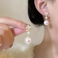 Elegant gold bow earrings with shimmering pearls and zircon stones for women - Gold Flower Pearl Long