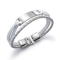 White multilayer braided leather bracelet for men featuring a polished silver metal plate - White
