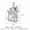 Silver kitten pendant with cubic zirconia, 21x15mm copper charm for DIY necklaces - Silver Cat (VB788-1)