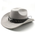 Detail view of western cowboy hat featuring silver bull head stud and bronze rivets - M (56-58cm) / Light Grey (Suede)