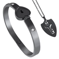 Conjunto de pulsera de candado de corazón y collar de llave en titanio cepillado negro con diamantes - Colgante Corazón Sin Diamante / Negro