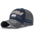 Cappello da baseball in denim lavato blu e grigio con ricamo Rock Shank 1969 - Regolabile / Blu Navy e Grigio
