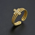 Macro shot of gold-plated multi-layer cross ring with sparkling zircon stones - Adjustable Open / Gold