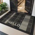 Gray checkered entrance mat with HELLO text and non-slip backing for front doors - Modern Checkered