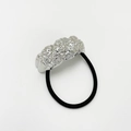 Black high-elastic hair tie with unique textured silver metallic bow decoration - Hammered Twisted Texture / Silver